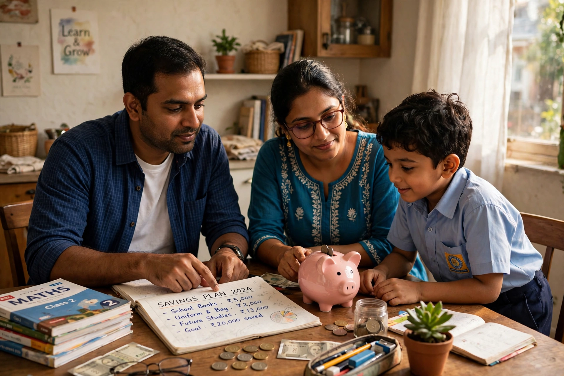Parents planning and saving for their child's education in India