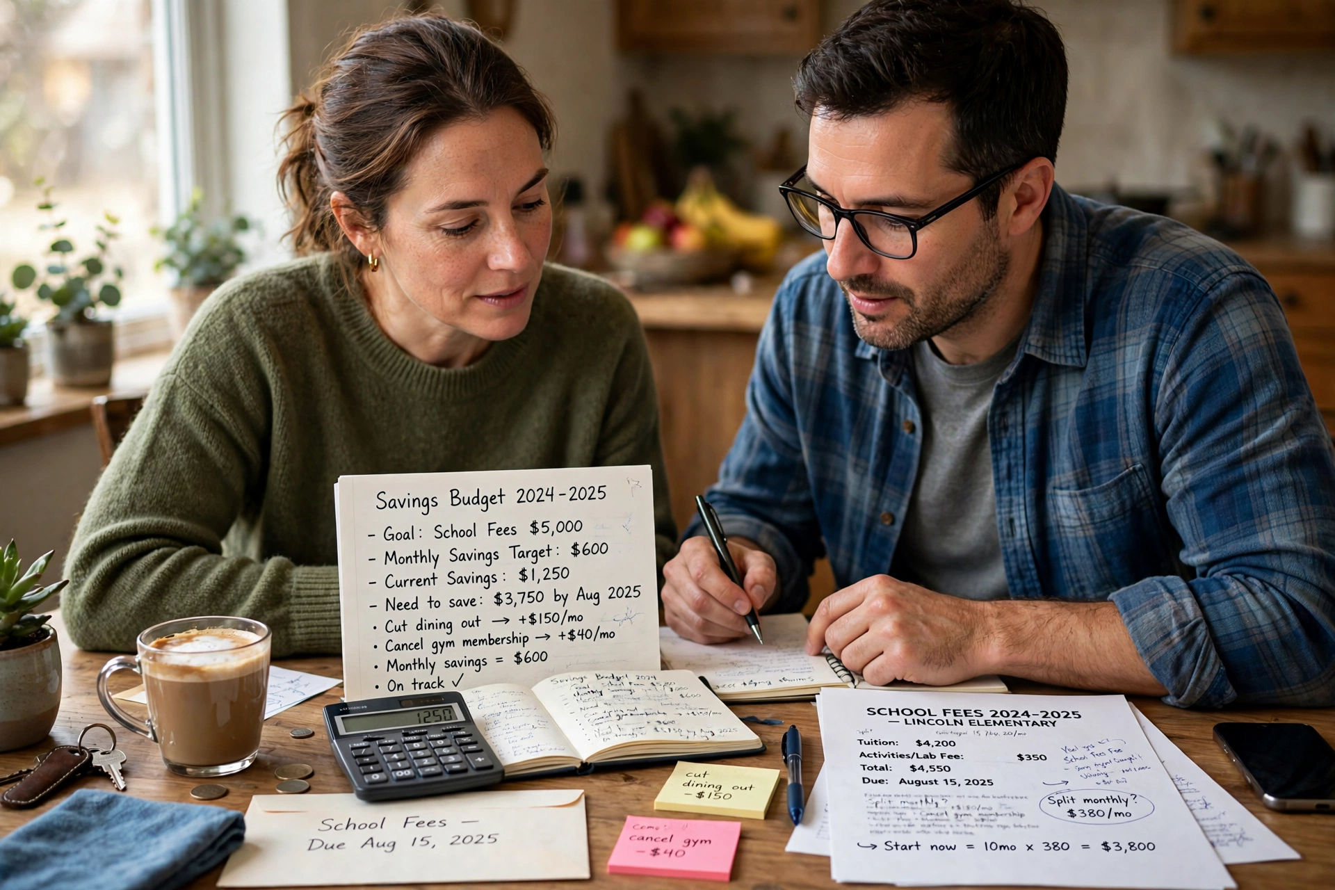 Indian parents planning their child's education savings together at a table with a notebook and calculator