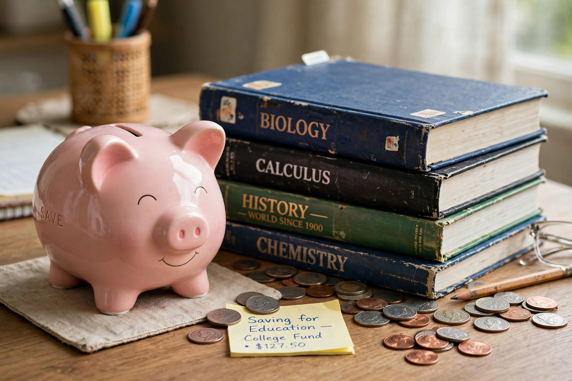 A piggy bank with books and coins saved for a child's future education costs in India