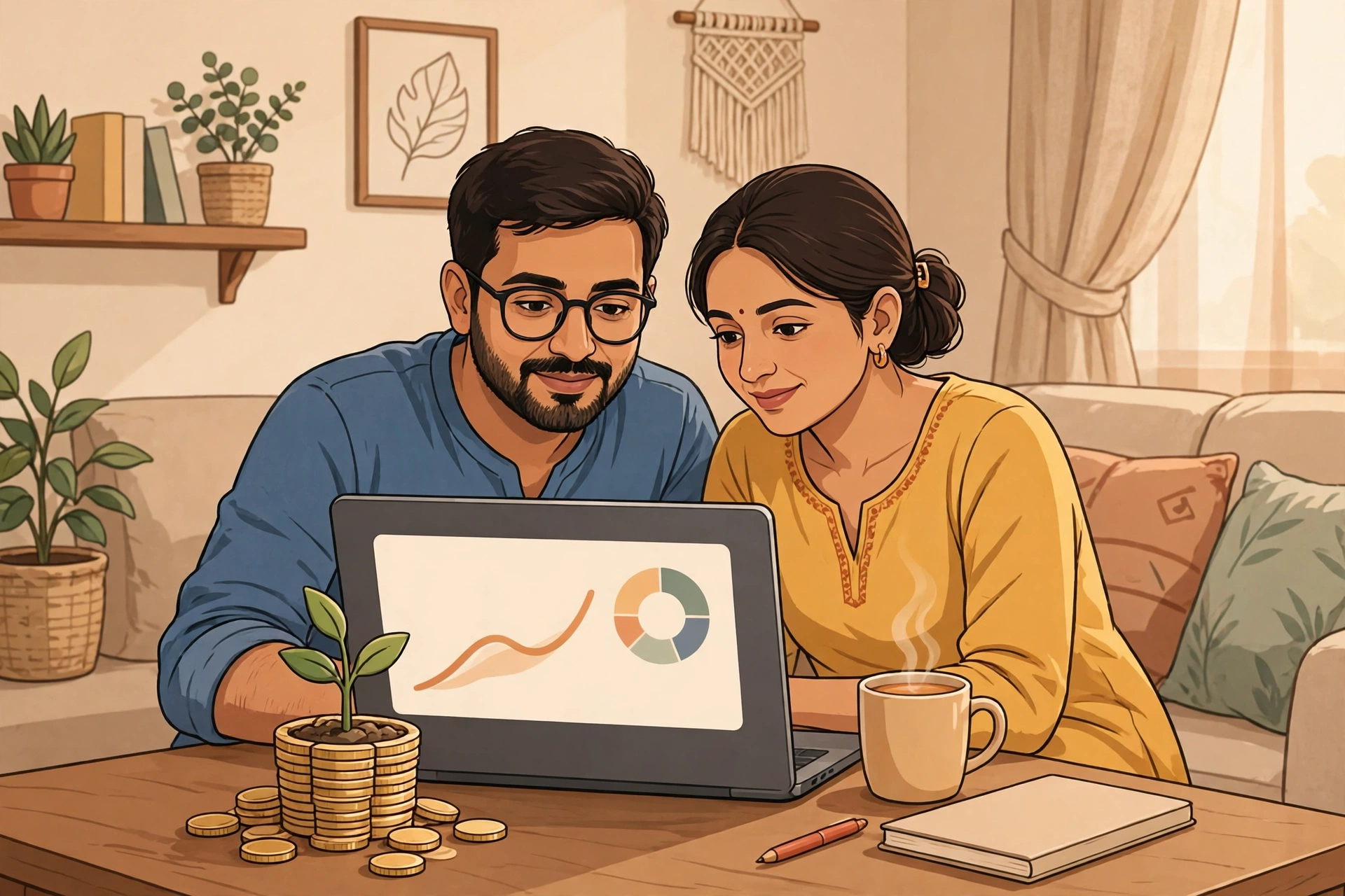 A young couple in their 30s reviewing retirement savings and SIP investments on a laptop at home