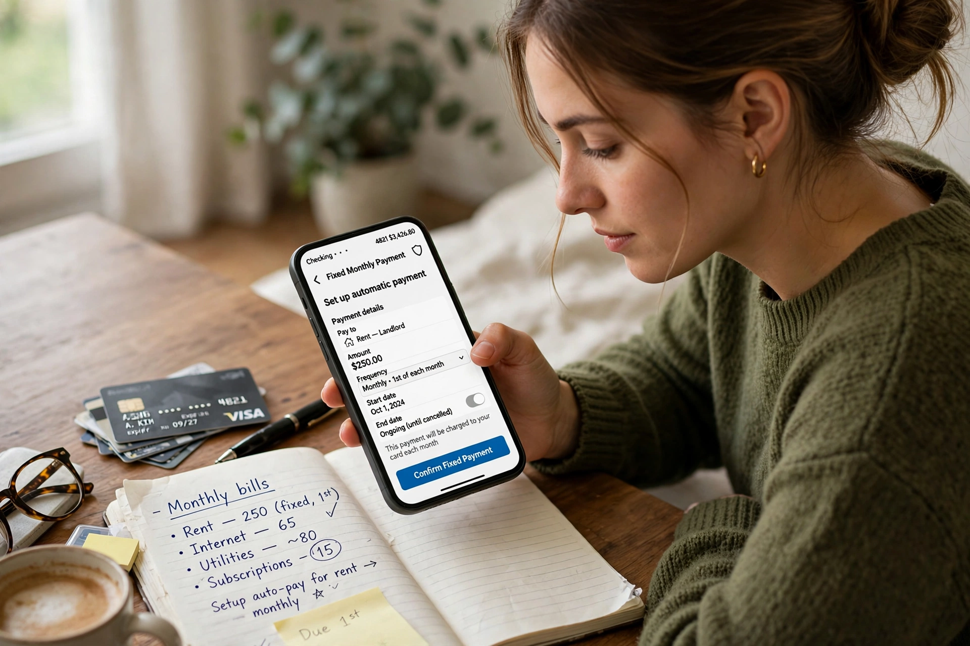 A person making a fixed monthly credit card payment on a phone banking app, showing a way to clear the balance faster than paying only the minimum due