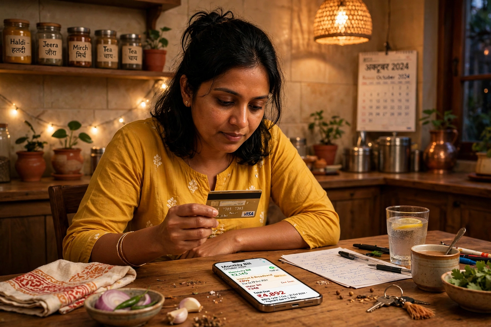 A credit card statement showing the minimum due amount in India, with a person checking a credit card bill
