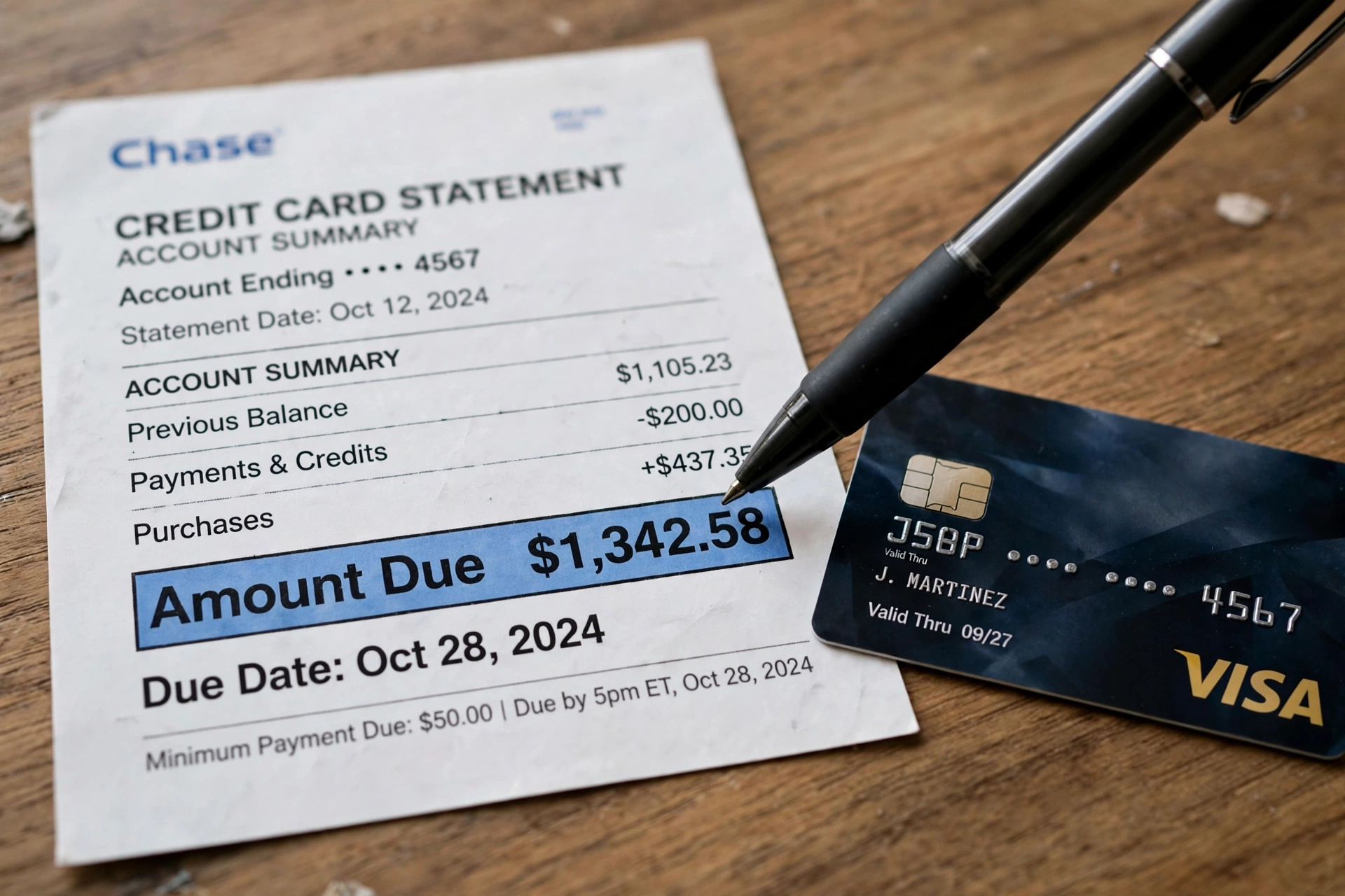A credit card statement showing the minimum due amount highlighted, illustrating the worked example for a credit card balance in India