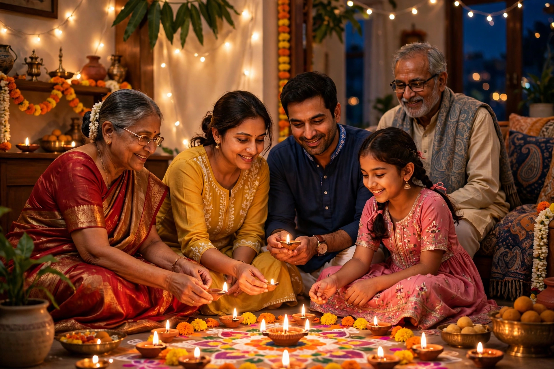 Indian family celebrating Diwali at home with diyas and festive lights