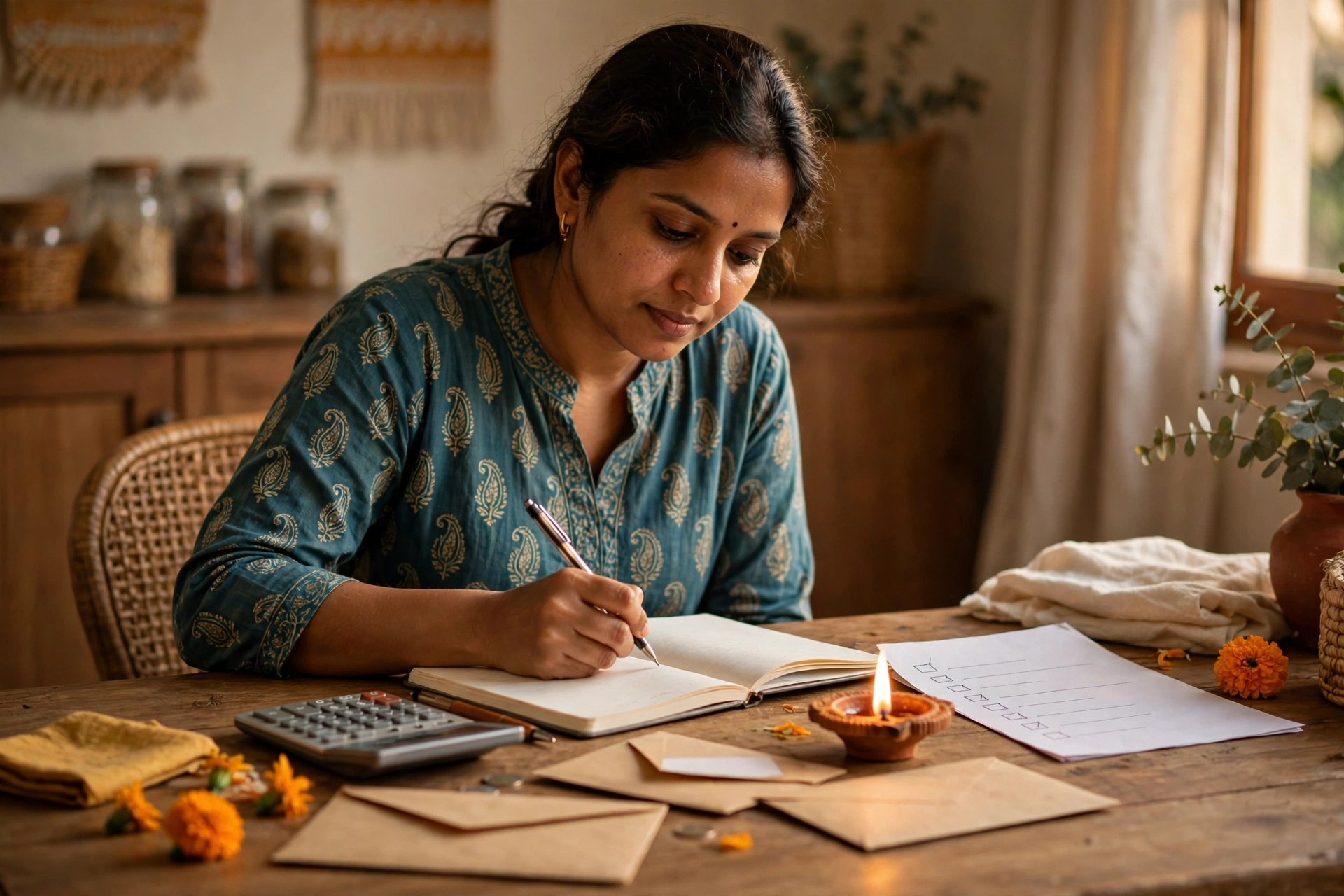 Indian woman planning a Diwali festival budget with a notebook, calculator and a small diya lamp