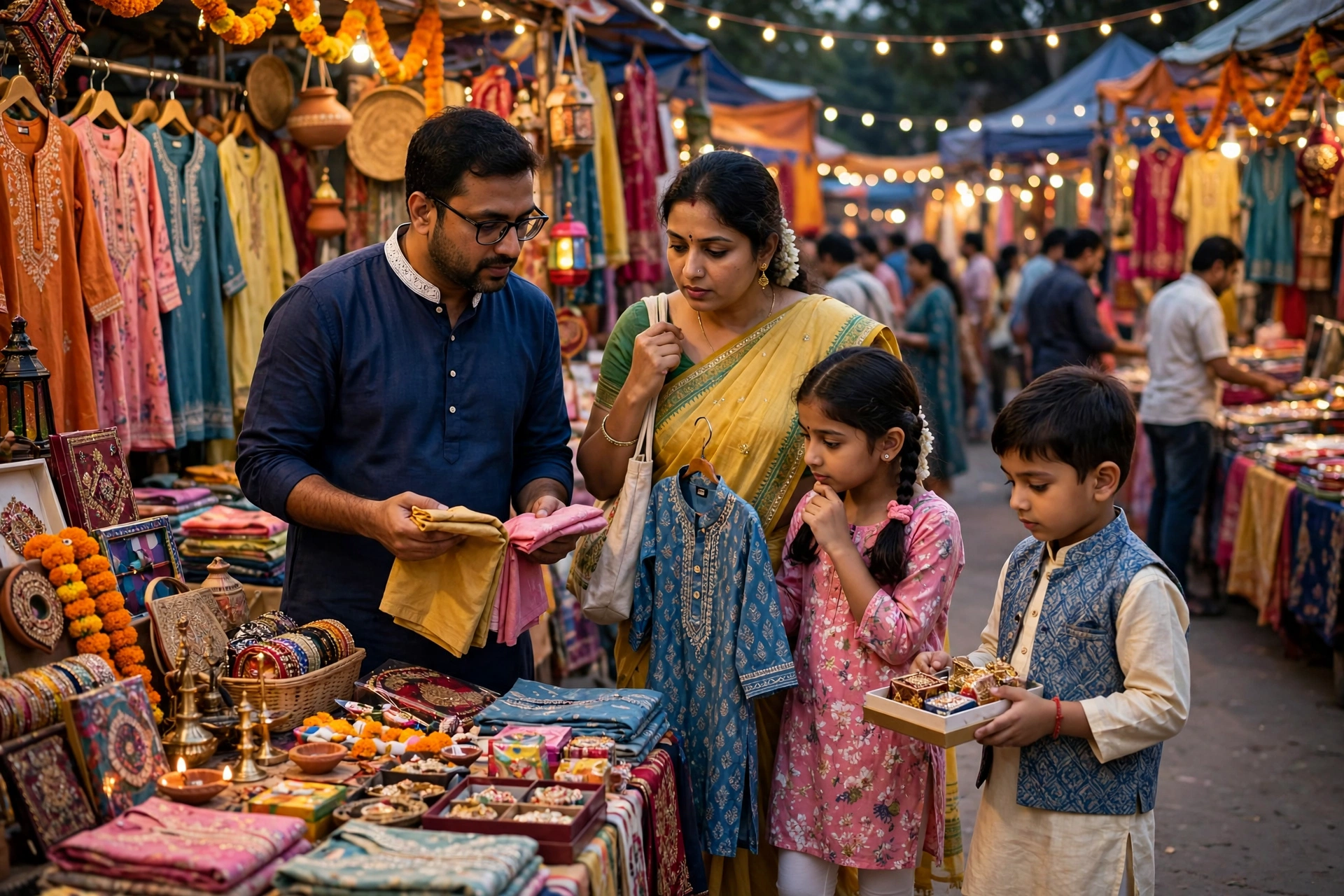 Indian family shopping smartly in a festive market in India, comparing prices for clothes and gifts