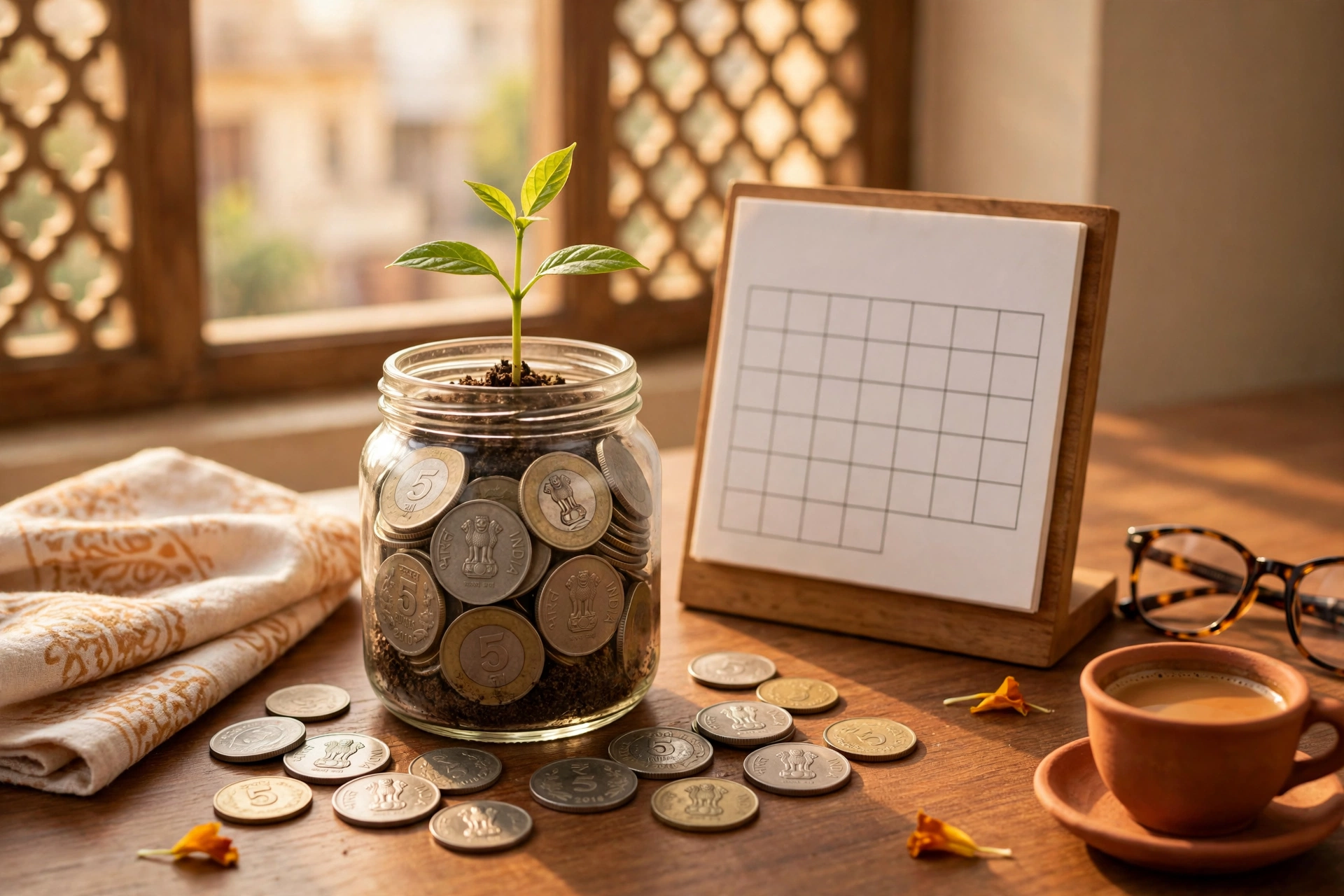 Money growing over three years in India, a small plant growing from coins in a jar next to a calendar