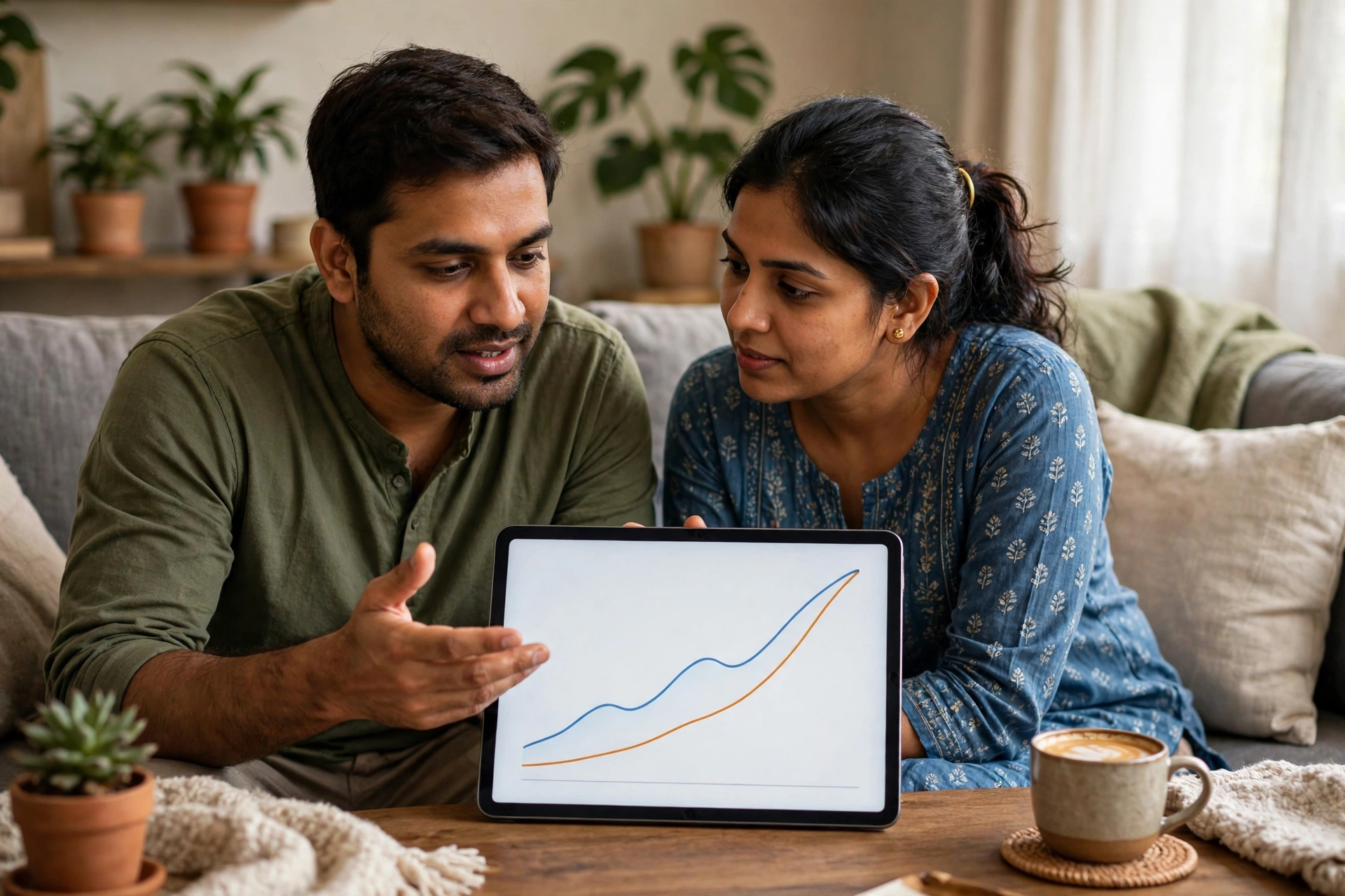 Indian couple discussing monthly SIP investment versus a one-time lump sum payment while looking at a chart on a tablet