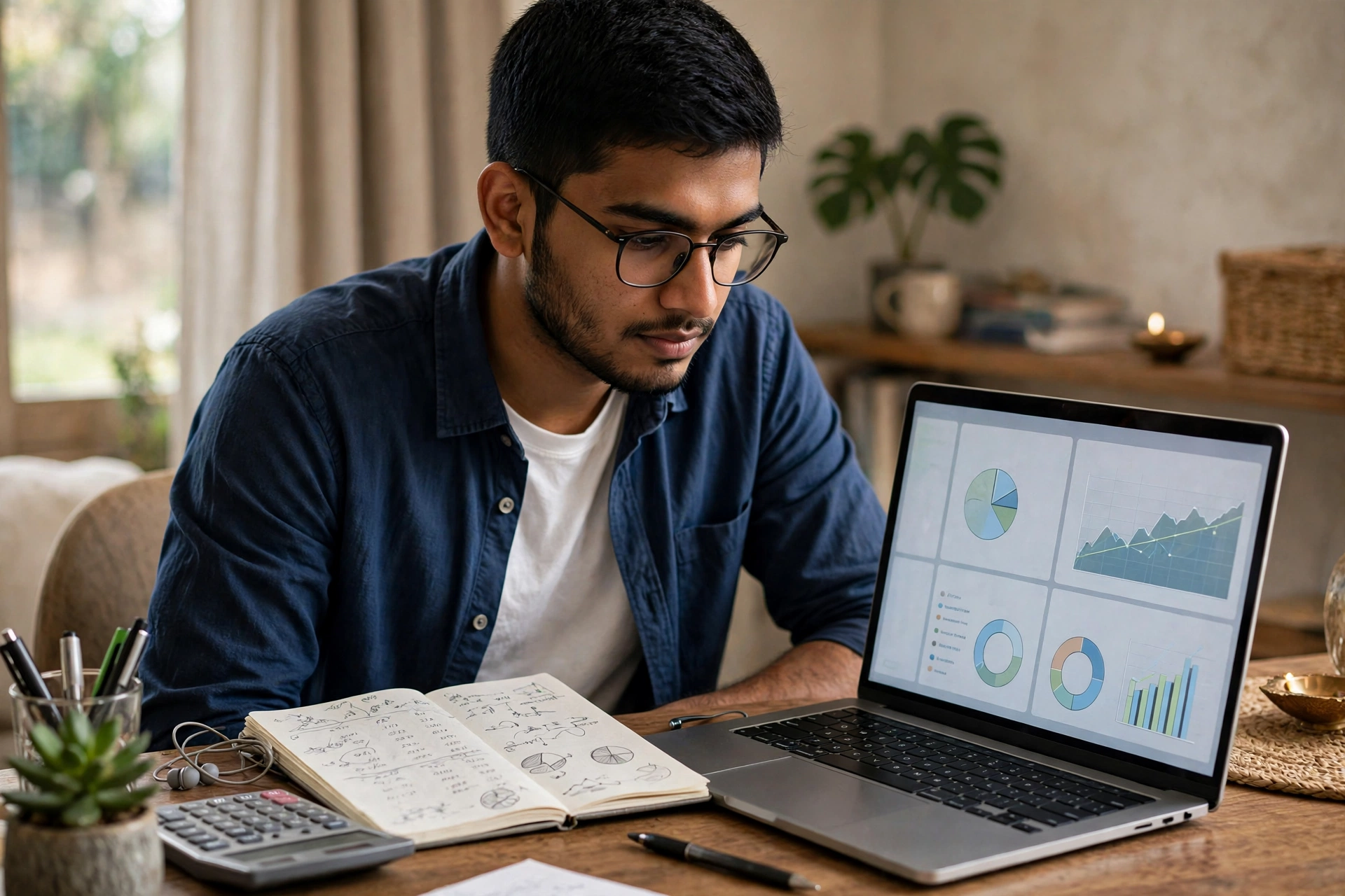 Young Indian professional at home reviewing tax saving and mutual fund investment options on a laptop