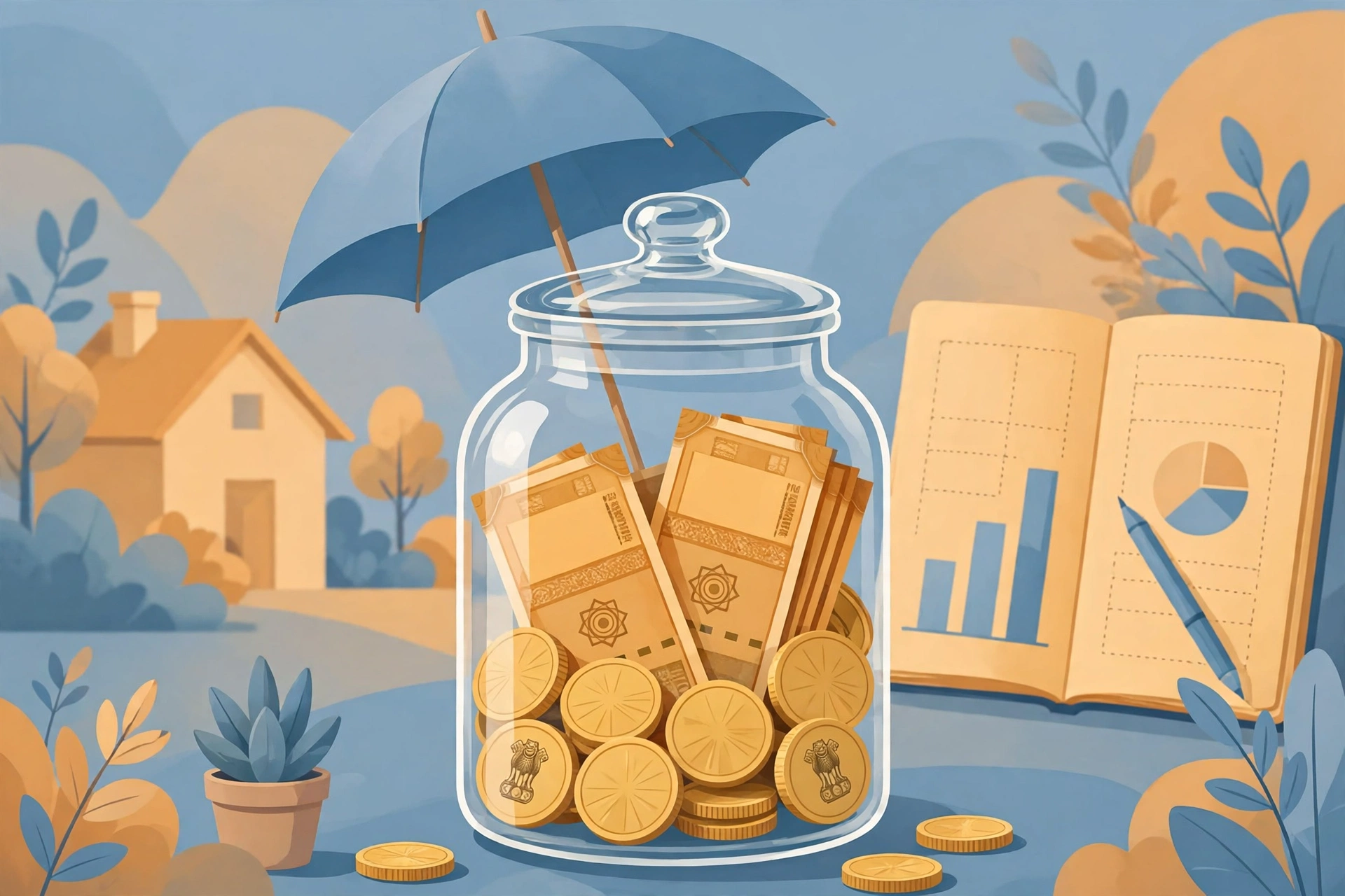 Emergency fund savings jar with Indian rupee coins under an umbrella