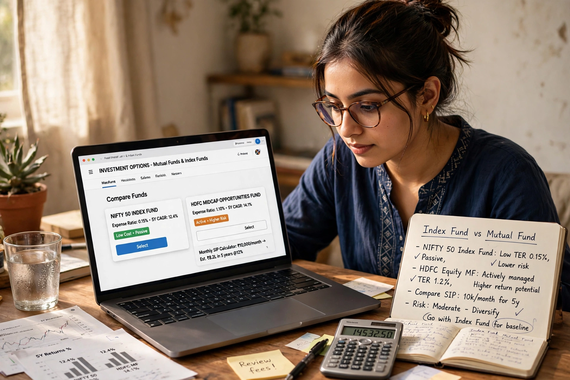 Young Indian investor at home reviewing index fund and mutual fund options on a laptop