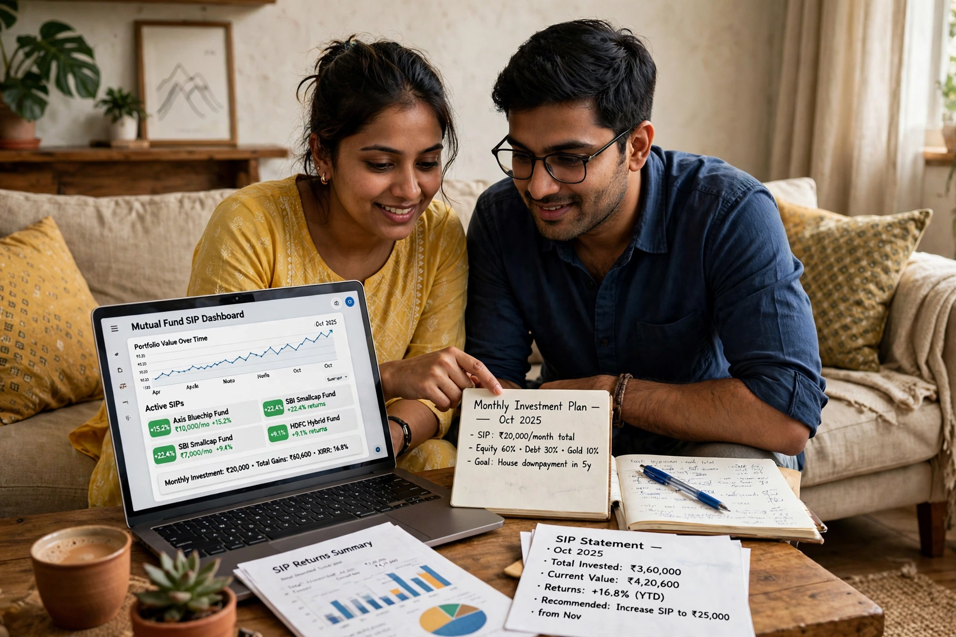 Young Indian investor reviewing mutual fund options and SIP returns on a laptop at home