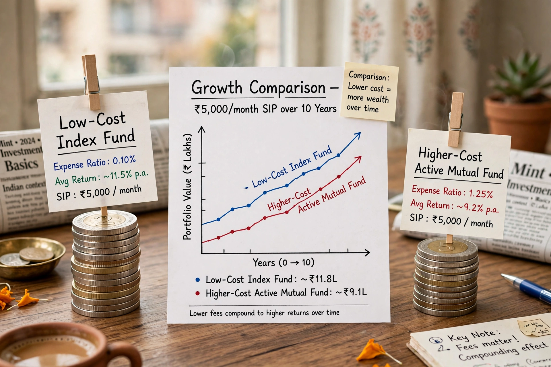 Simple comparison of low-cost index fund charges versus higher active mutual fund charges in India