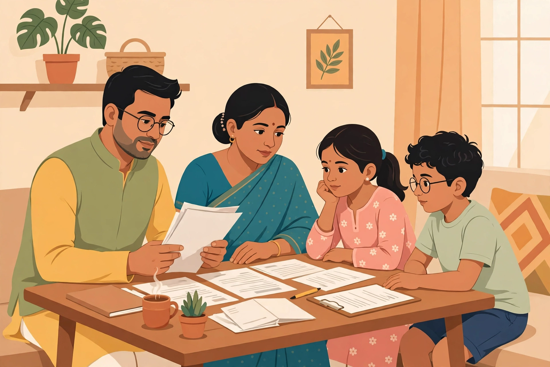 A family reviewing health and term insurance policy documents together at home