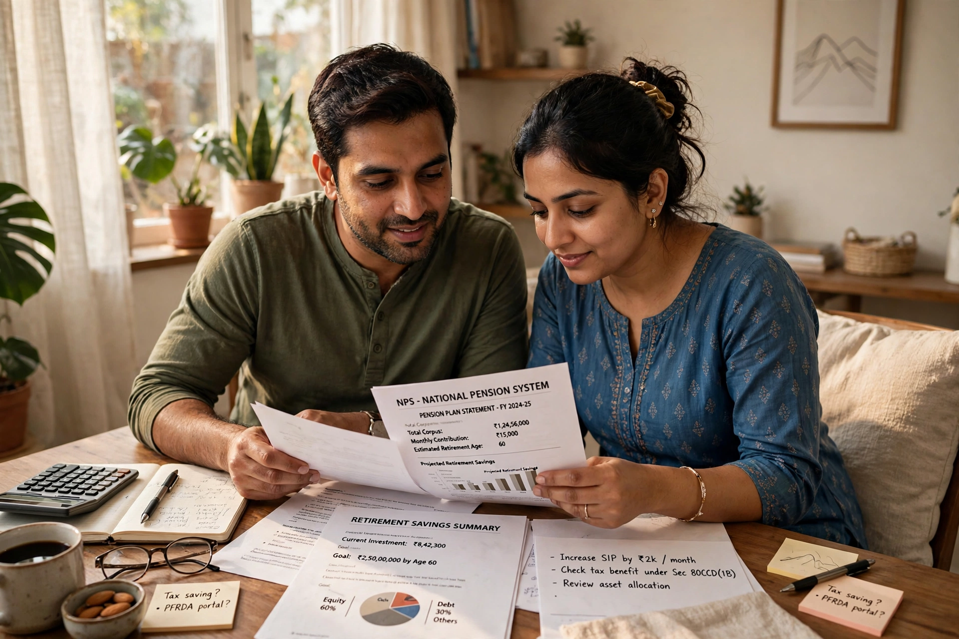 An Indian couple reviewing retirement savings and pension options together at home