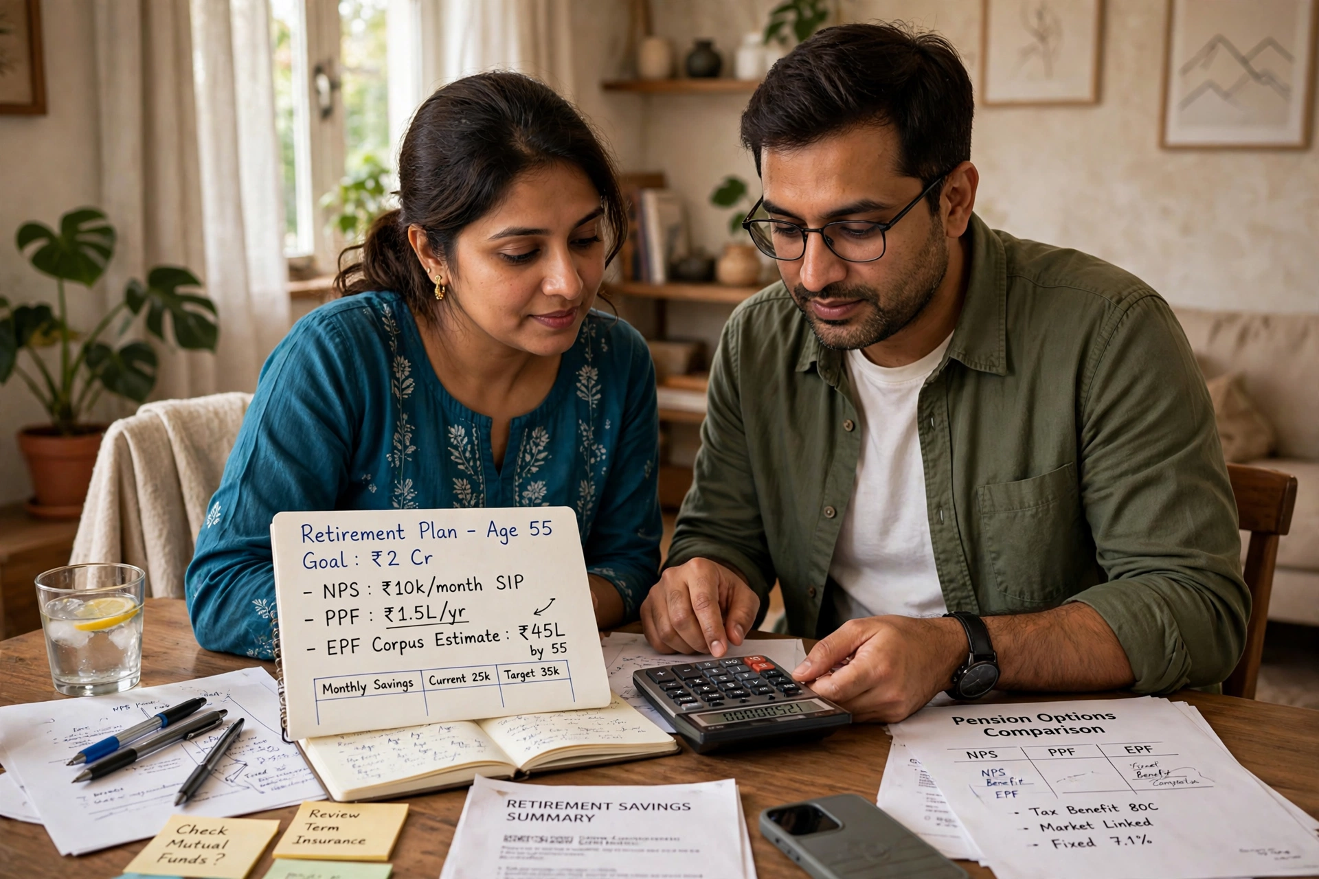An Indian couple in their thirties reviewing retirement savings and pension options together at home