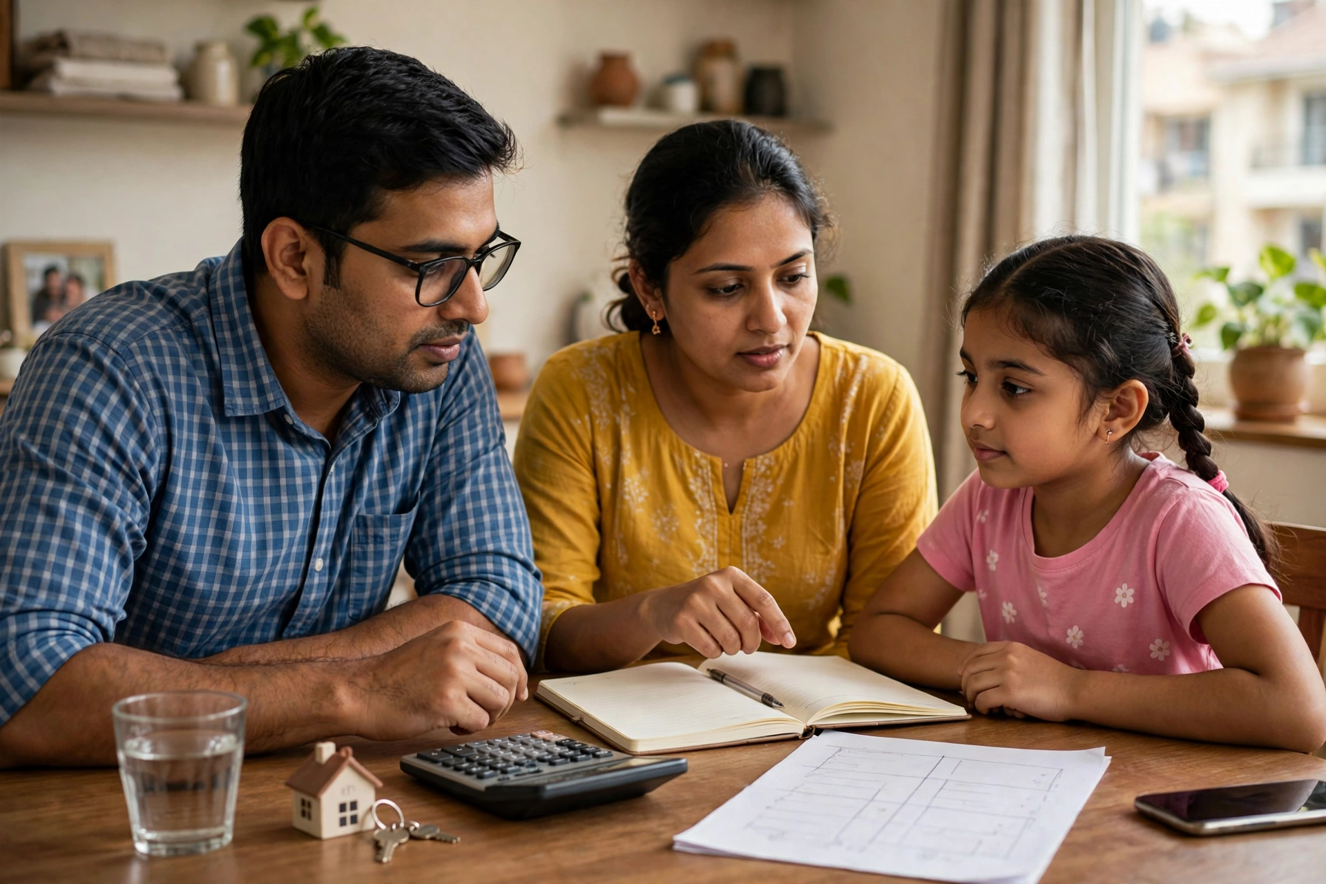 Family comparing home loan EMI and monthly rent figures for a flat in India