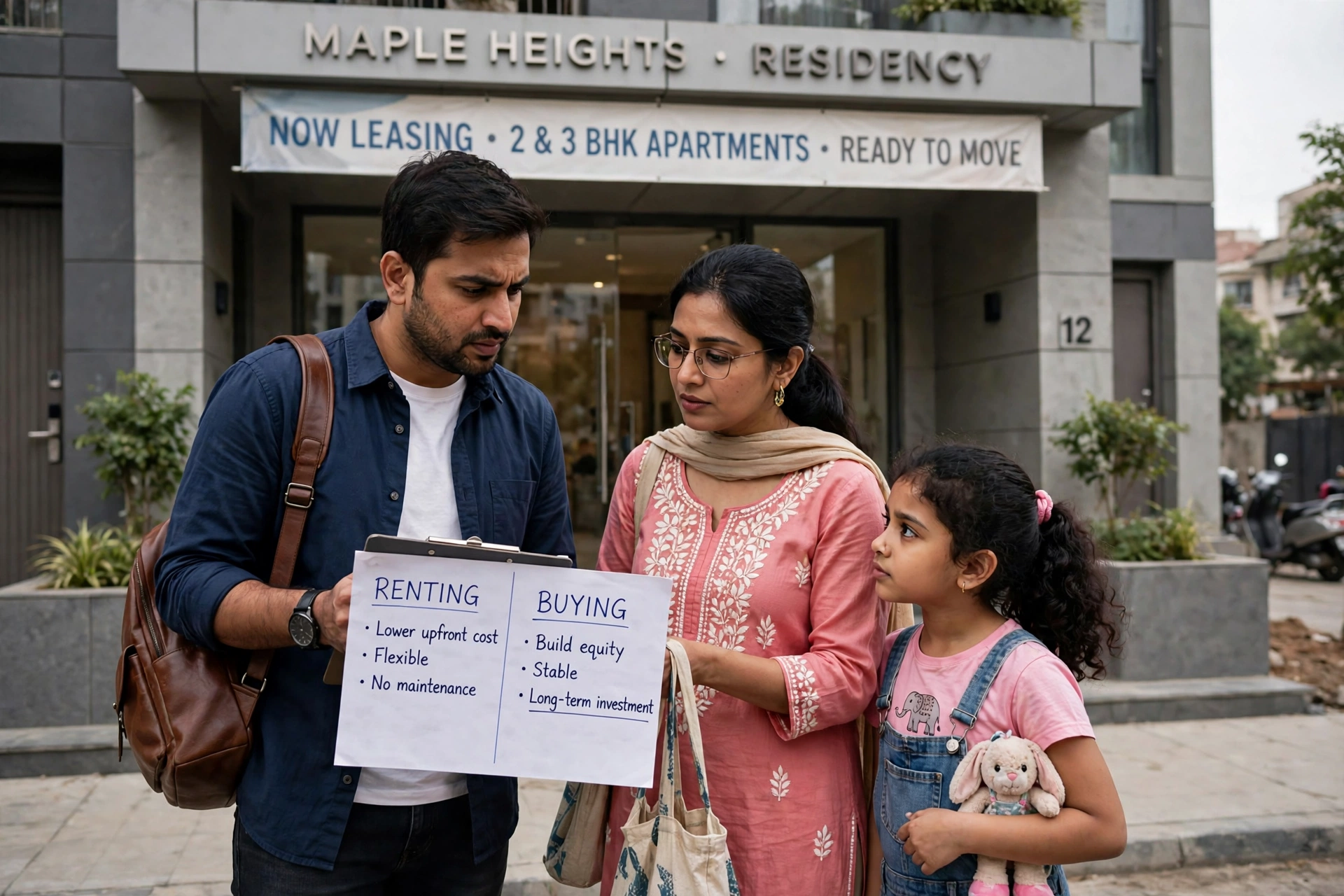 Young Indian family outside a new apartment building weighing renting versus buying a home