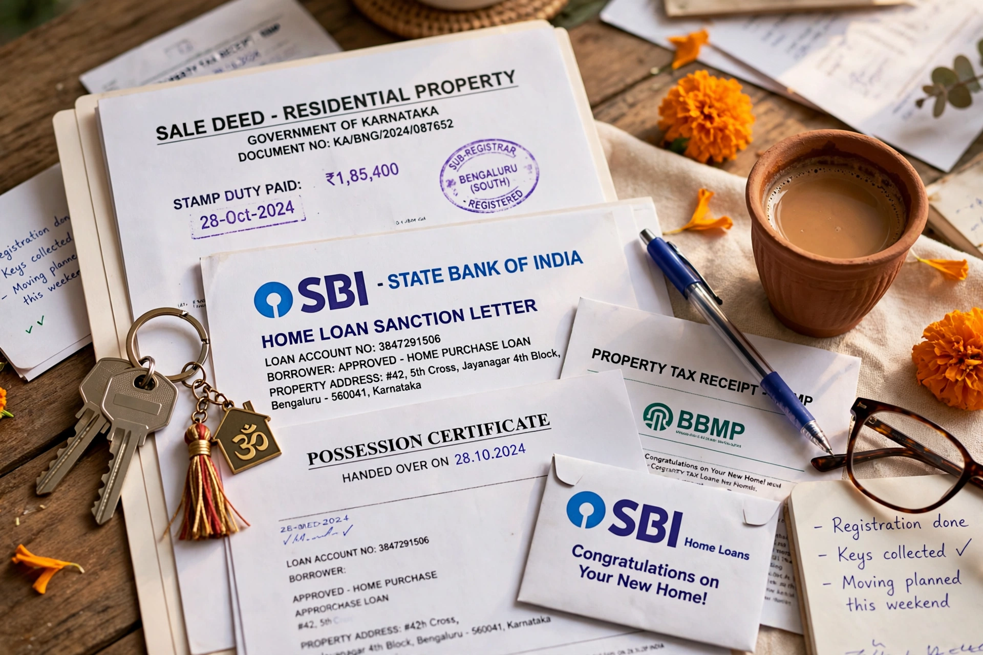 Keys and documents on a table after buying a new home in India