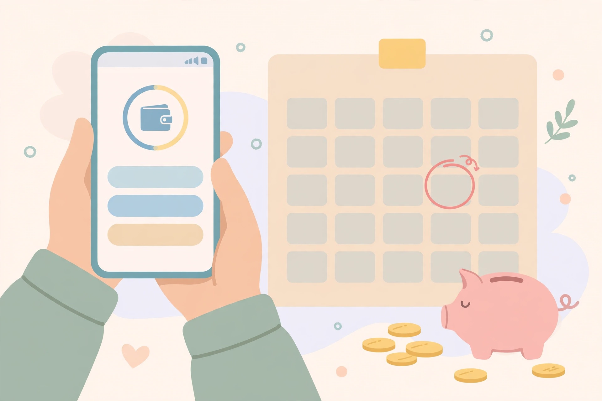 Setting up an automatic monthly SIP payment on a phone, with a calendar and piggy bank