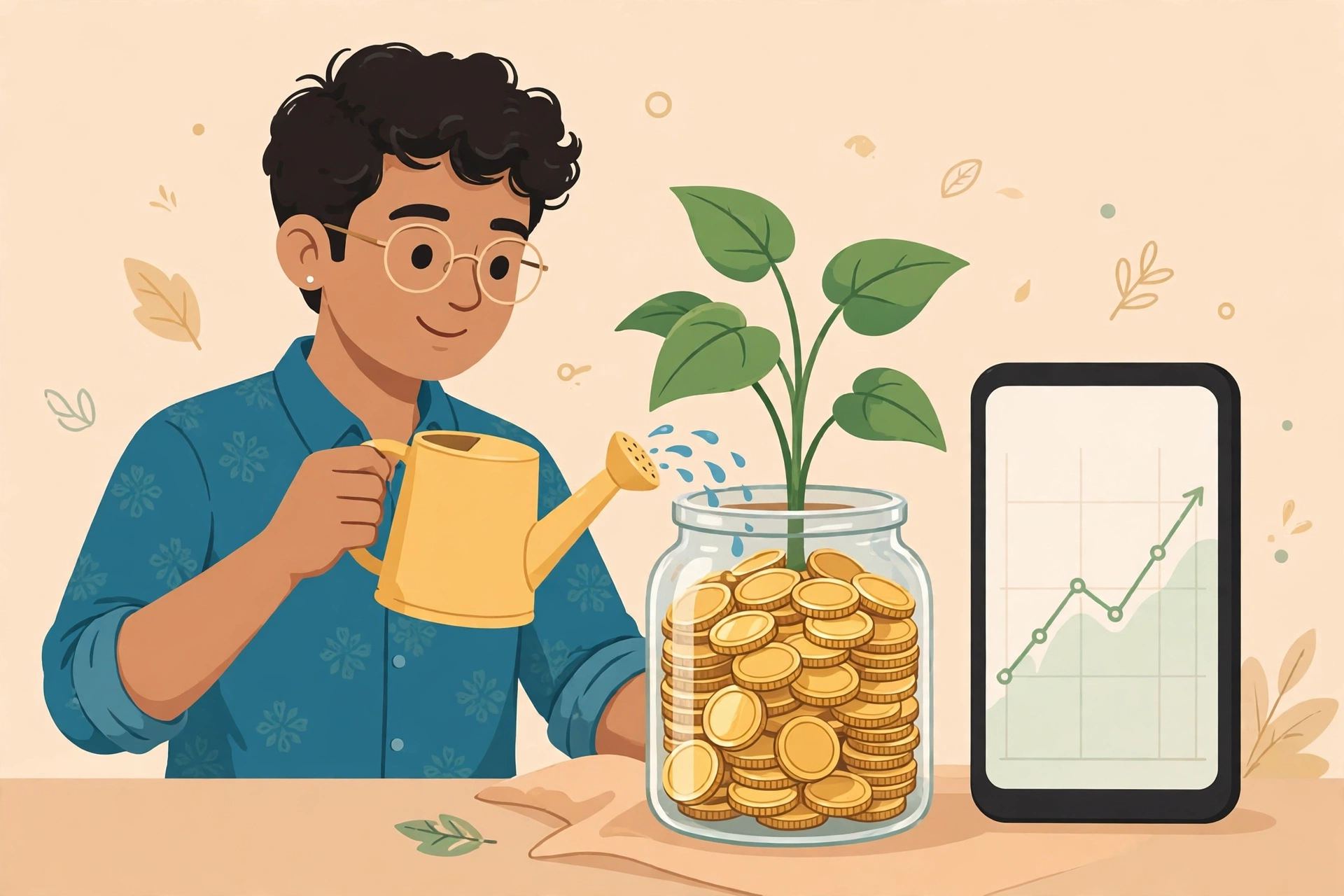 Young Indian professional starting a monthly SIP, watering a money plant growing from a jar of coins